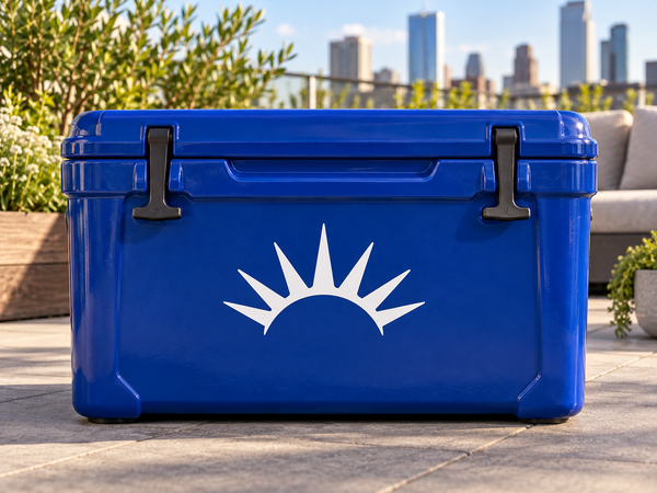Liberty Crown vinyl decal: black sunburst rays icon on blue rectangle