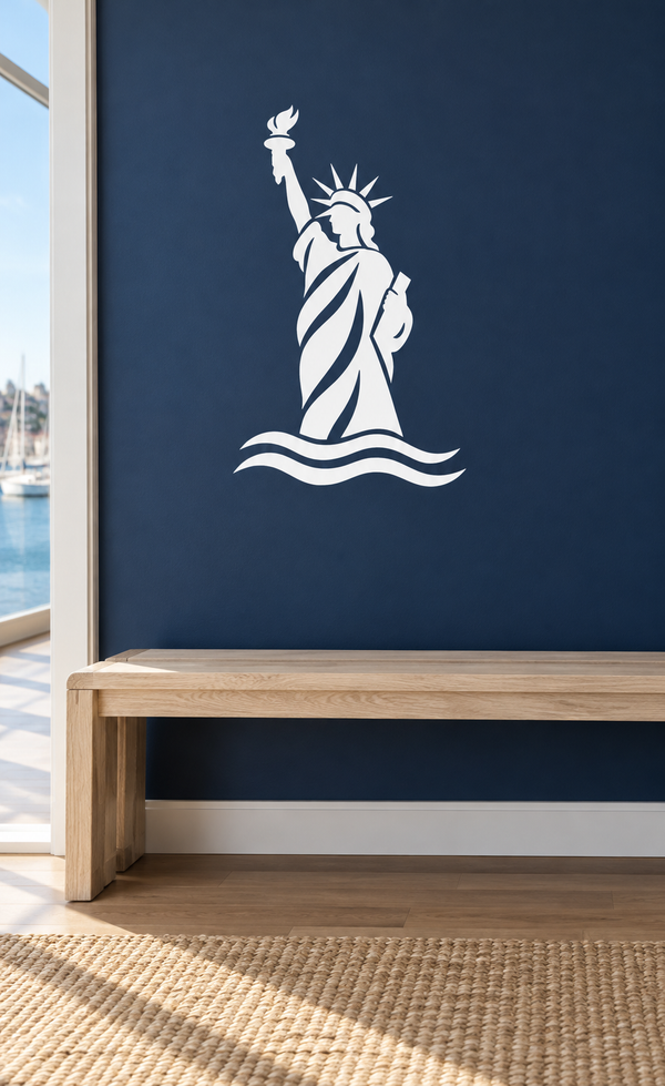 Harbor Liberty vinyl decal of white Statue of Liberty with torch, crown, and waves