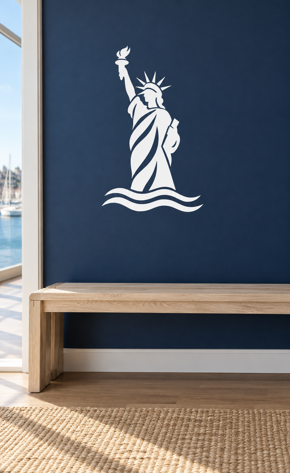 Harbor Liberty vinyl decal of white Statue of Liberty with torch, crown, and waves