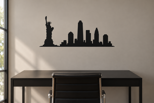 Black vinyl skyline decal with Statue of Liberty and Manhattan buildings silhouette