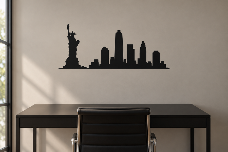 Black vinyl skyline decal with Statue of Liberty and Manhattan buildings silhouette
