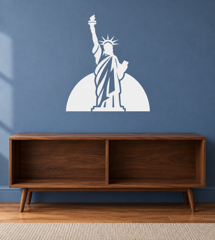 Statue of Liberty rising vinyl wall decal with raised torch and crown, white design
