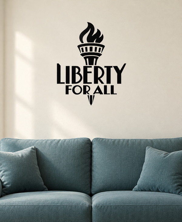Black Liberty for All vinyl decal with torch emblem on a wall