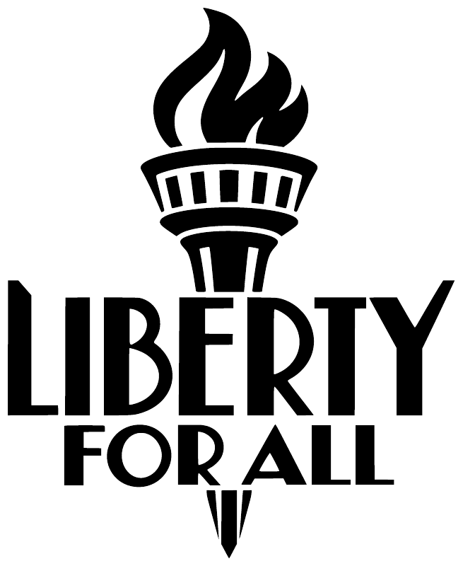 Close-up black Liberty for All vinyl decal with torch icon and bold lettering