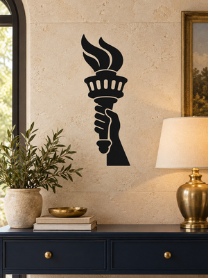 Liberty torch silhouette vinyl decal with black flame and hand holding torch