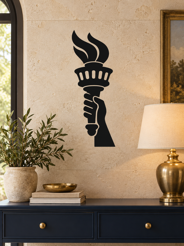 Liberty torch silhouette vinyl decal with black flame and hand holding torch