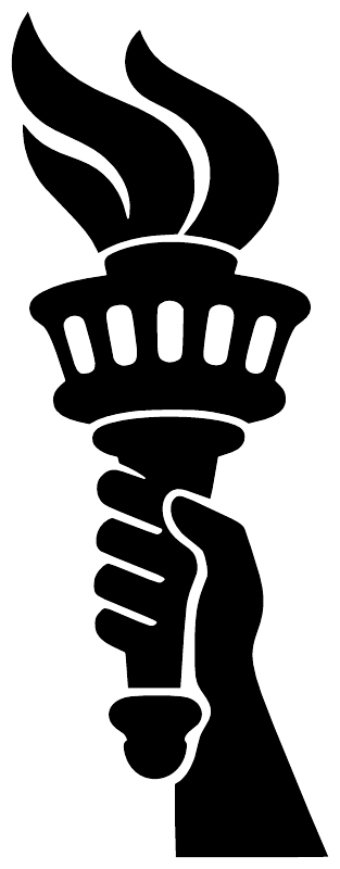 Close-up liberty torch silhouette vinyl decal: black flame over hand holding torch