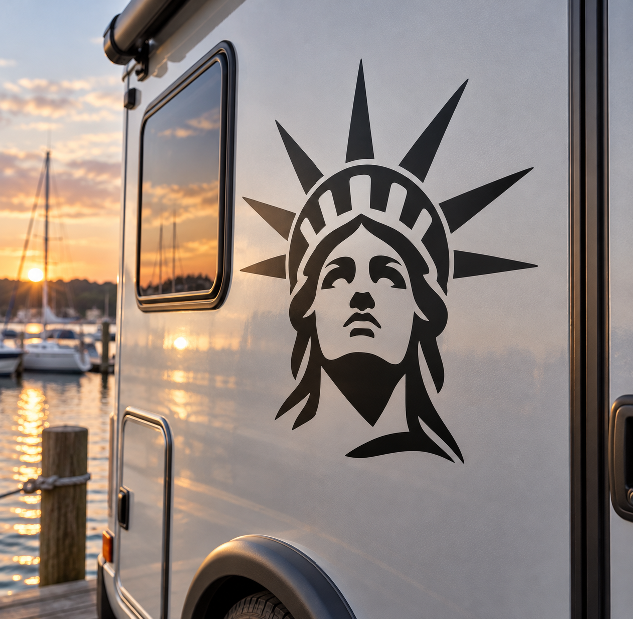 Liberty face and rays vinyl decal with black silhouette of Statue of Liberty head