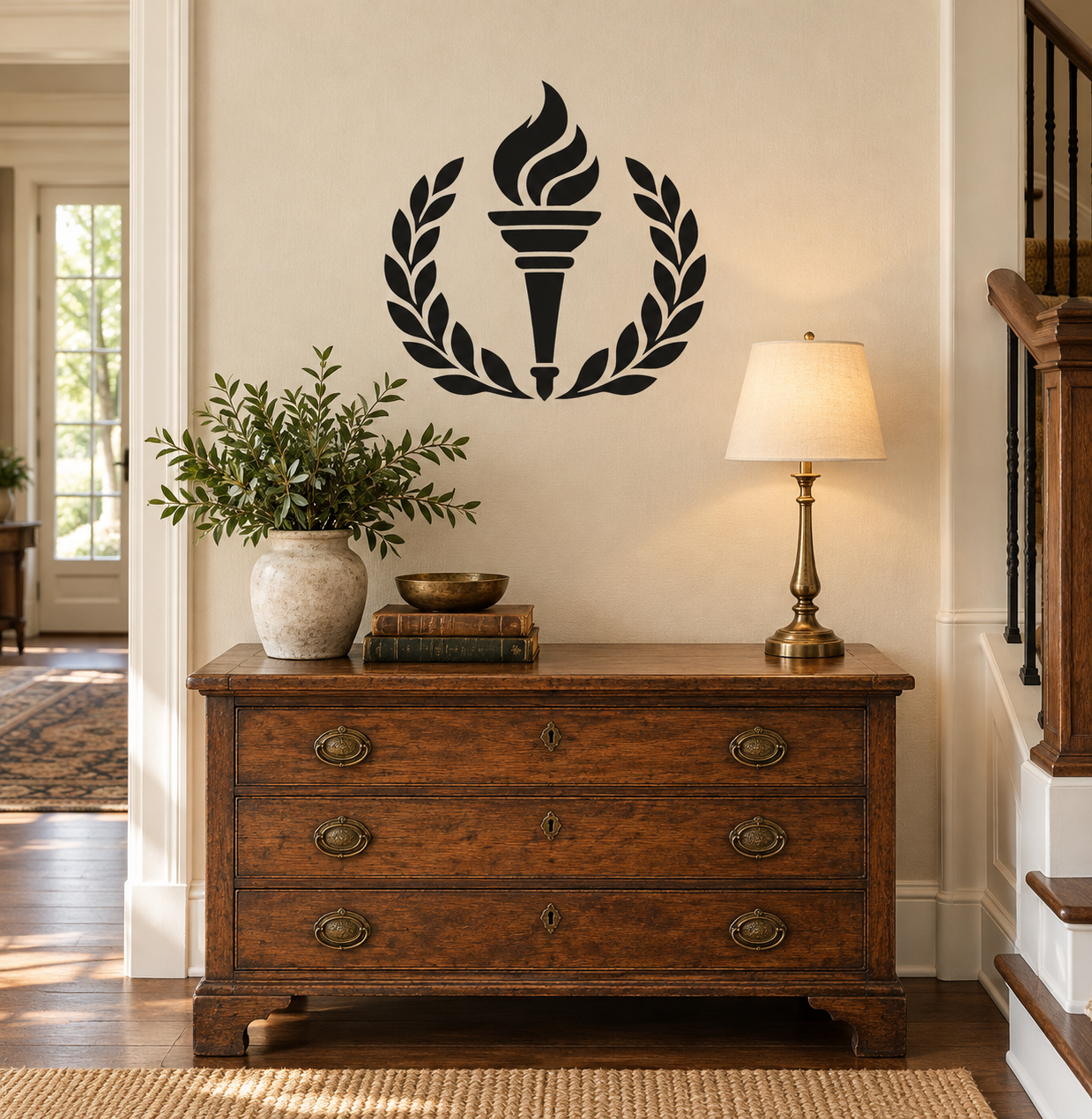 Liberty Torch and laurel vinyl wall decal with black flame and wreath design