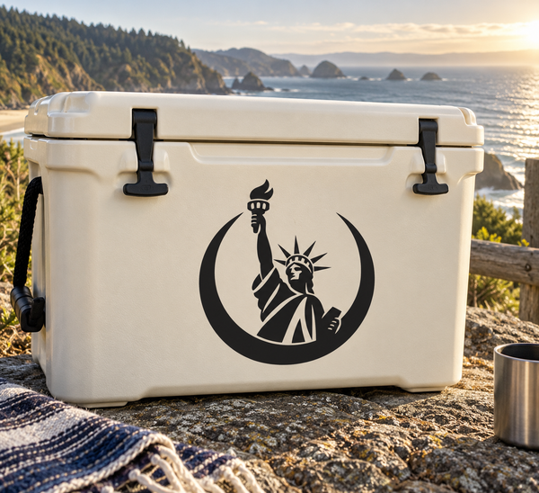 Vinyl decal of Liberty Statue within a crescent moon on a white cooler