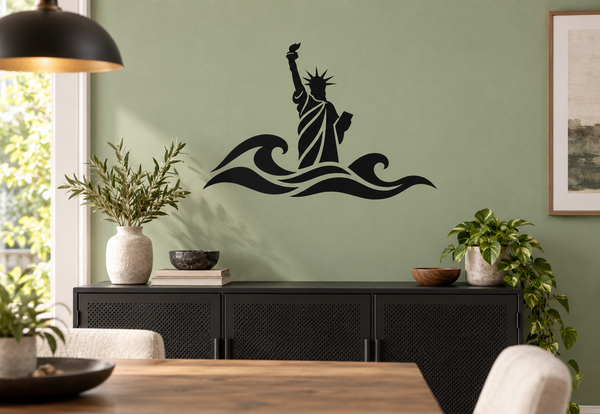 Liberty Statue and waves vinyl wall decal, black silhouette with flowing surf