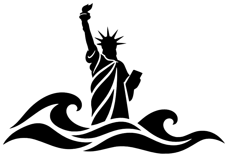 Liberty Statue and waves vinyl decal, torch-holding silhouette over wavy lines