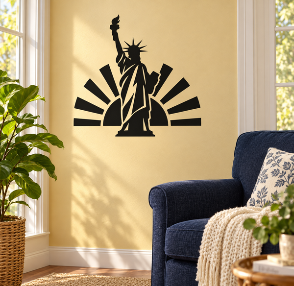Vinyl wall decal: black Statue of Liberty silhouette with rising sun rays