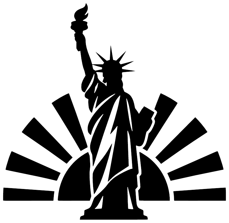 Black Statue of Liberty silhouette vinyl decal with rising sun rays, detailed outline