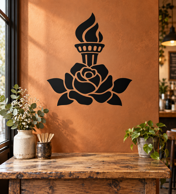 Black torch and rose vinyl wall decal with flame and five-leaf flower design