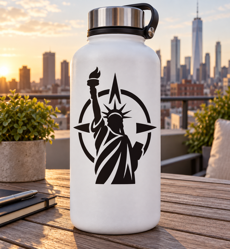 Vinyl decal of Liberty Statue holding torch with compass arc, black on white.