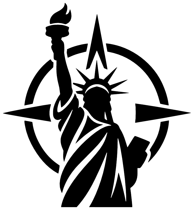 Liberty Statue and compass star vinyl decal, bold black silhouette on white.