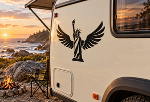 Statue of Liberty wings vinyl decal, black silhouette on a vehicle side panel