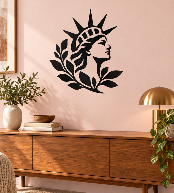 Liberty Statue head vinyl decal with botanical arch leaves, black design