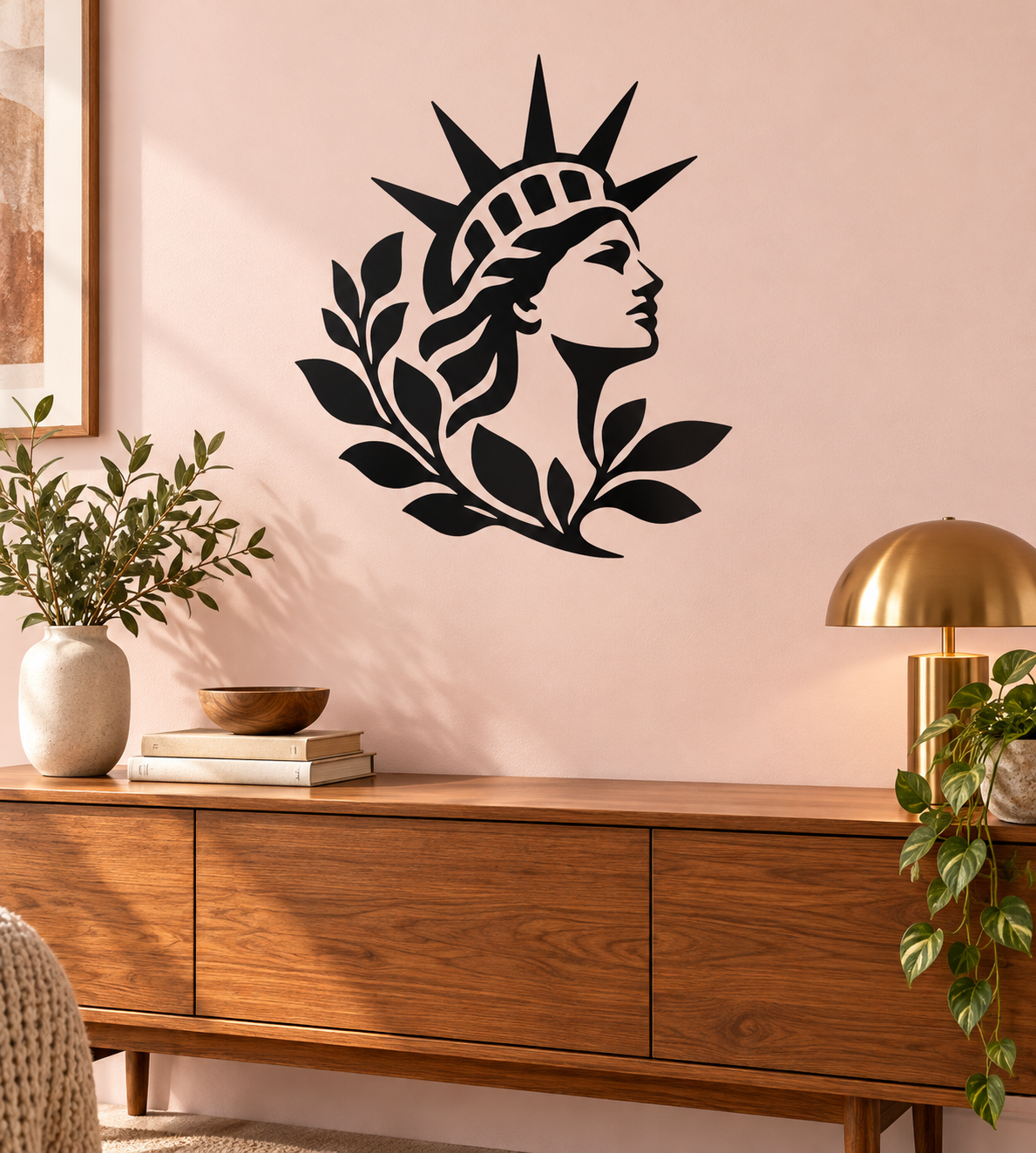 Liberty Statue head vinyl decal with botanical arch leaves, black design