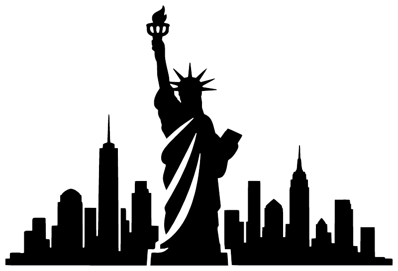 Black Statue of Liberty skyline vinyl decal silhouette with city towers and buildings