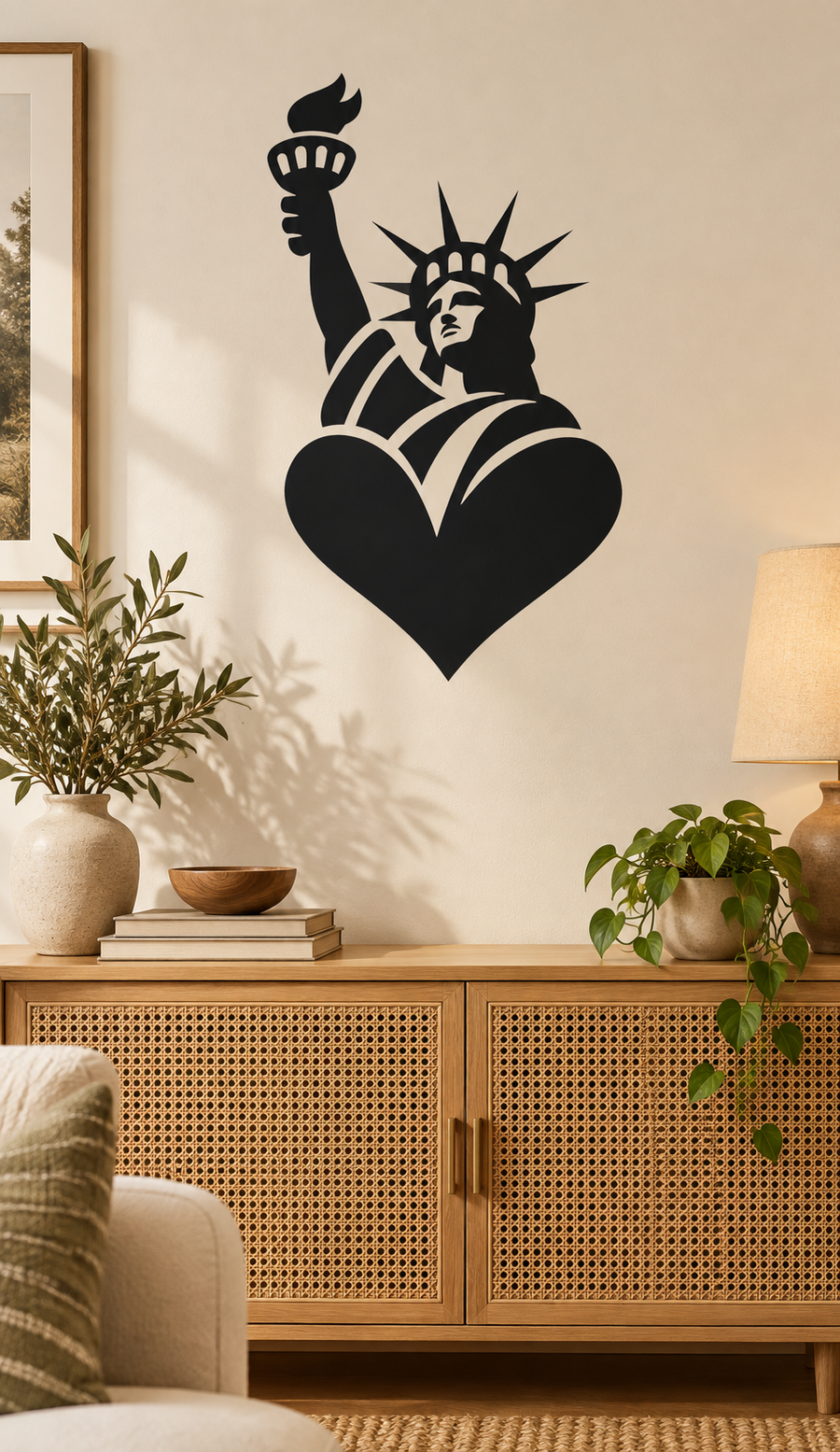 Black Liberty Statue vinyl decal with torch and crown inside a heart shape.