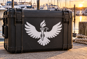Eagle and torch vinyl decal in white on dark background