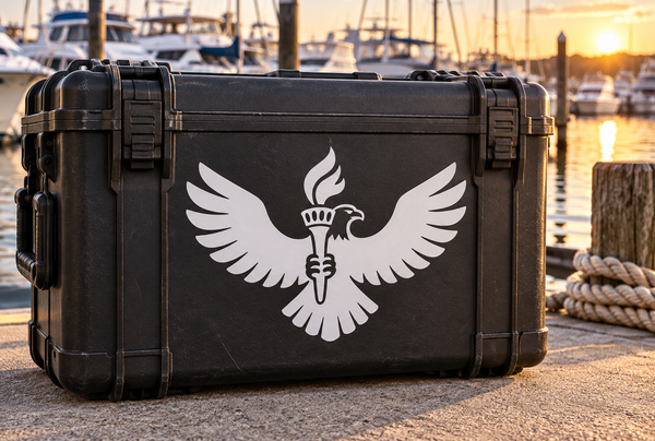 Eagle and torch vinyl decal in white on dark background