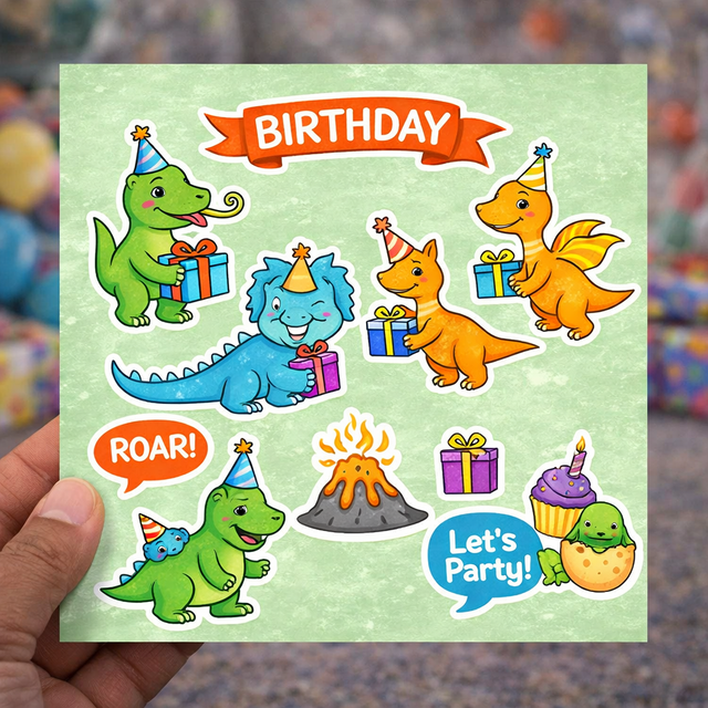 Birthday dinosaur sticker sheet with banner, gifts, “ROAR!”, and “Let’s Party!”