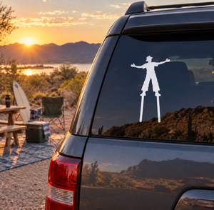 White vinyl decal of a person with arms out on a car window