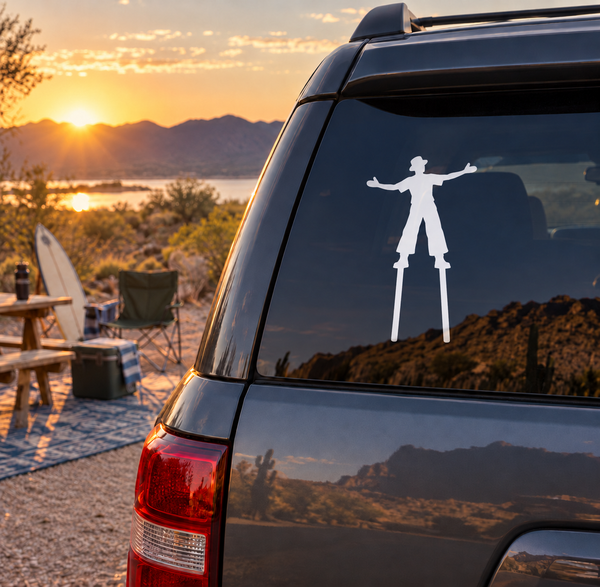 White vinyl decal of a person with arms out on a car window