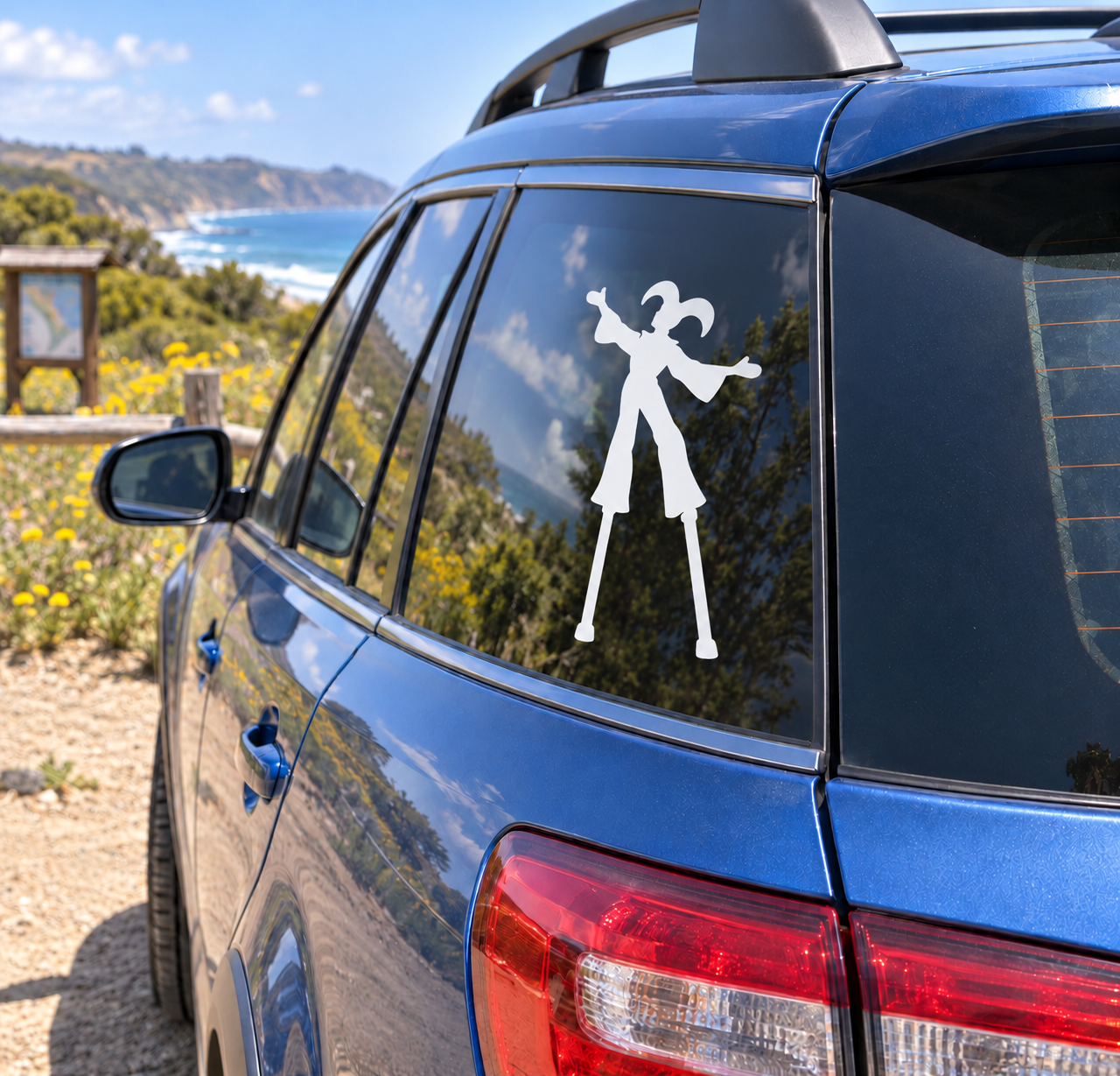 White jester clown vinyl decal on car rear side window