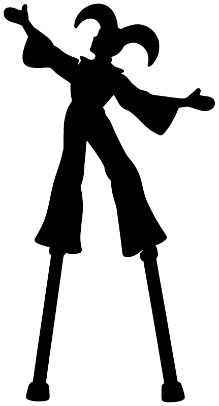 Black jester clown vinyl decal silhouette with raised arms and long staff