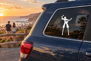 Vinyl decal for car: drummer silhouette on stilts holding drum overhead