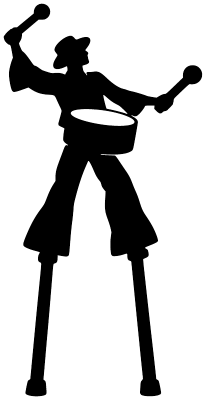 Black silhouette vinyl decal of a drummer on stilts with overhead drum and drumsticks