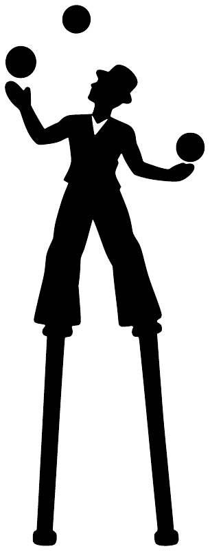 Vinyl decal silhouette of a juggler on stilts juggling with raised arms