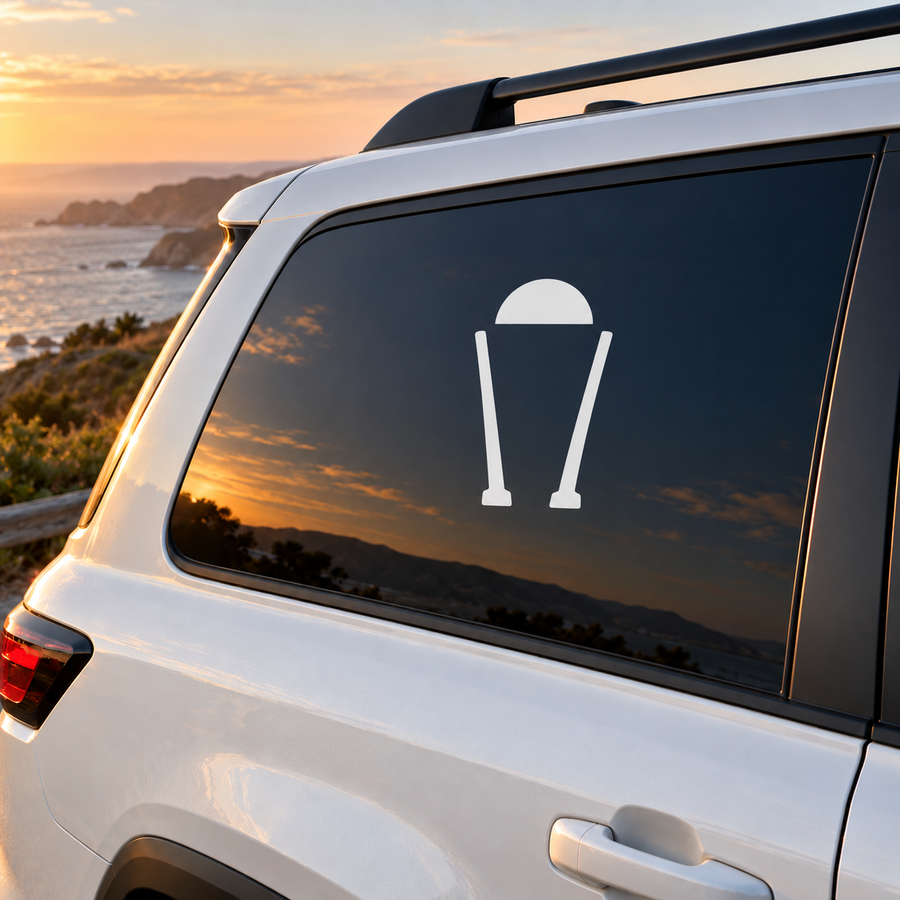 Stilts sunrise car vinyl decal with white trash can icon on dark panel