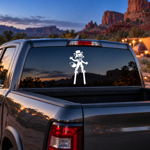 White fox buddy vinyl decal standing on stilts for car rear window