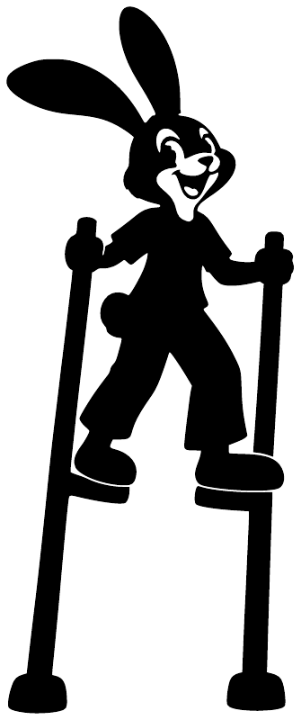 Rabbit-on-stilts club vinyl decal, black silhouette figure with raised hands
