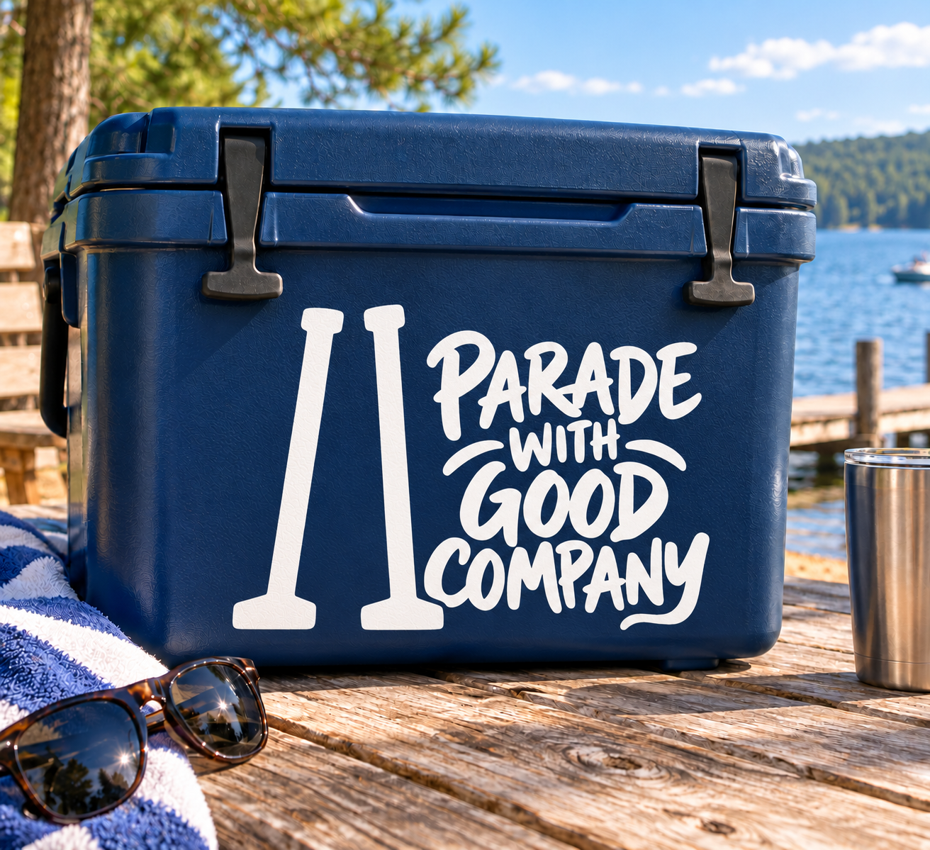 Stilts vinyl decal: tall 'II' with 'PARADE WITH GOOD COMPANY' lettering