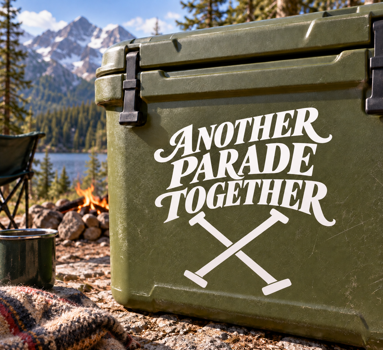 White vinyl decal reading 'ANOTHER PARADE TOGETHER' with crossed poles