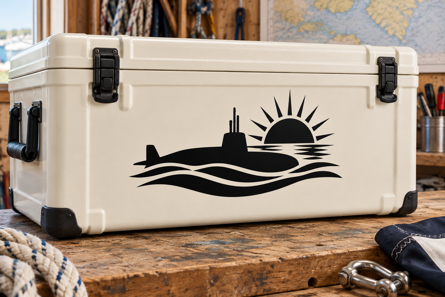 Vinyl submarine decal: black submarine silhouette with rising sun over waves