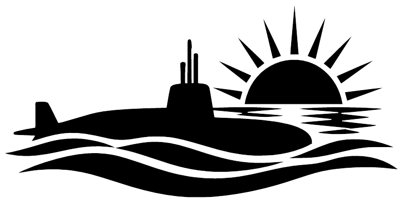 Submarine vinyl decal close-up with sunburst and wave lines in black