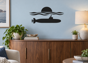 Black submarine and ocean horizon vinyl wall decal with waves and horizon sun