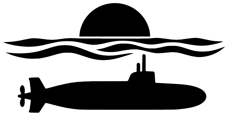 Black submarine silhouette vinyl decal with ocean waves and arched sun