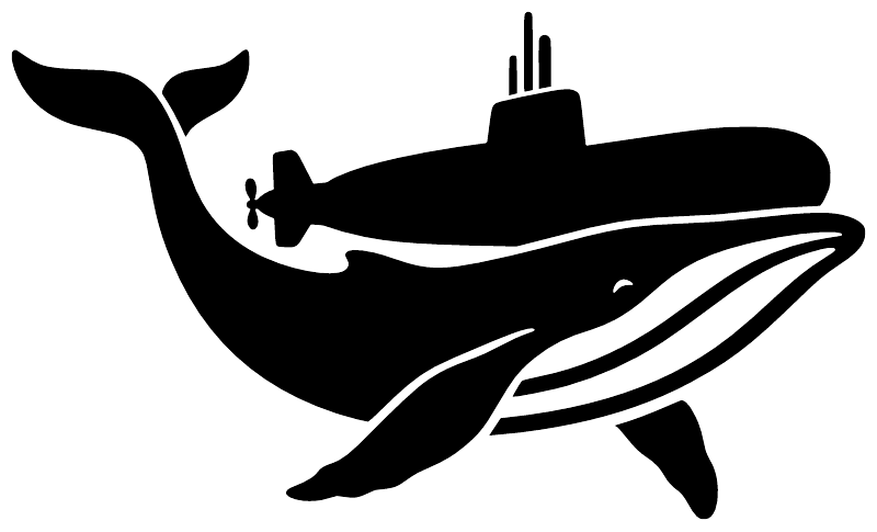 Black submarine and whale vinyl decal close-up, white-striped whale tail