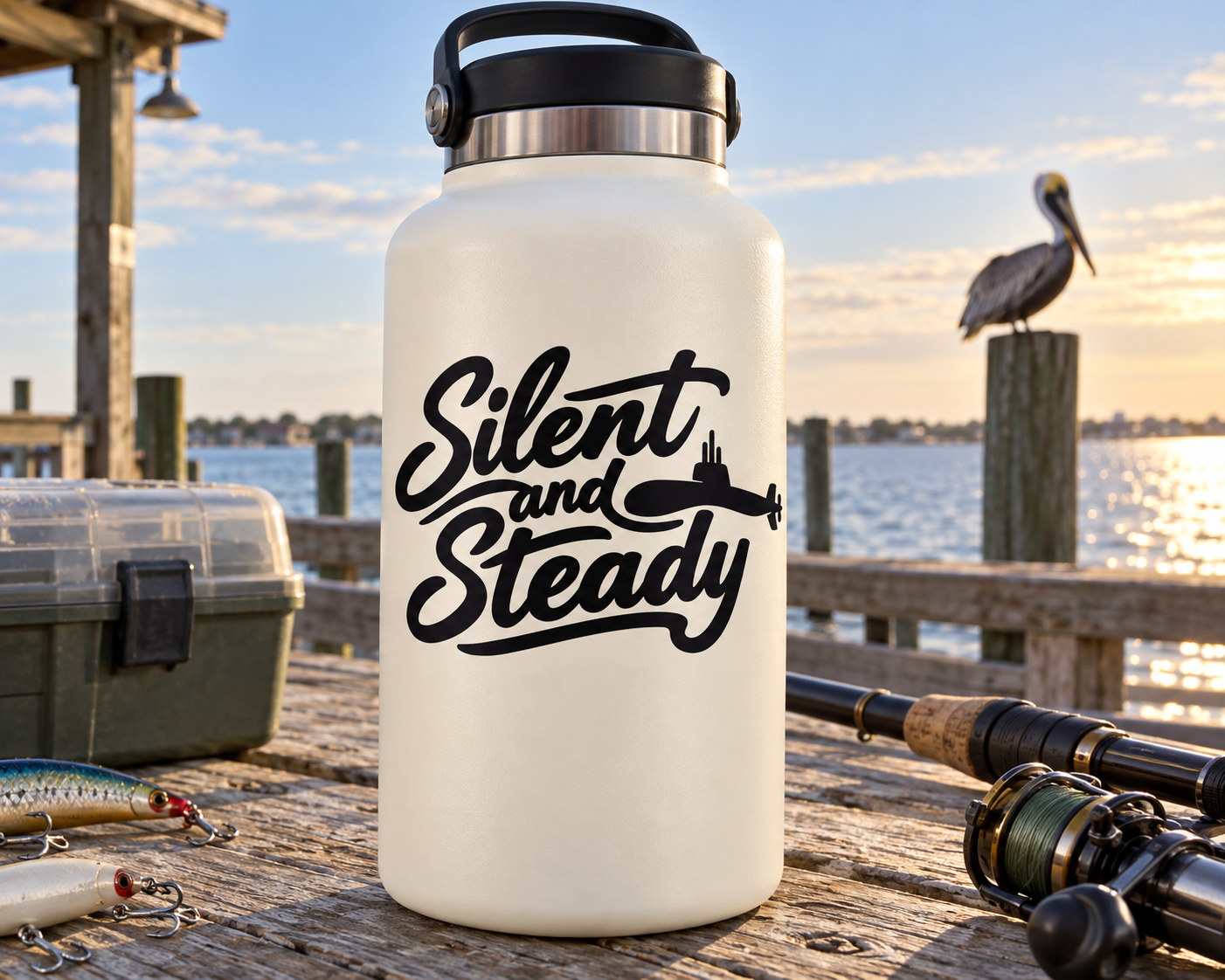 White bottle with black "Silent and Steady" vinyl decal and submarine silhouette