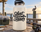 White bottle with black "Silent and Steady" vinyl decal and submarine silhouette