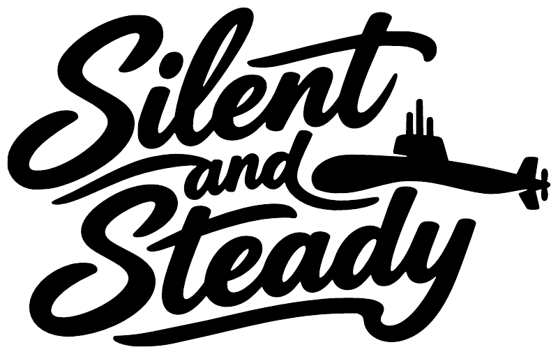 Black "Silent and Steady" vinyl decal with submarine silhouette