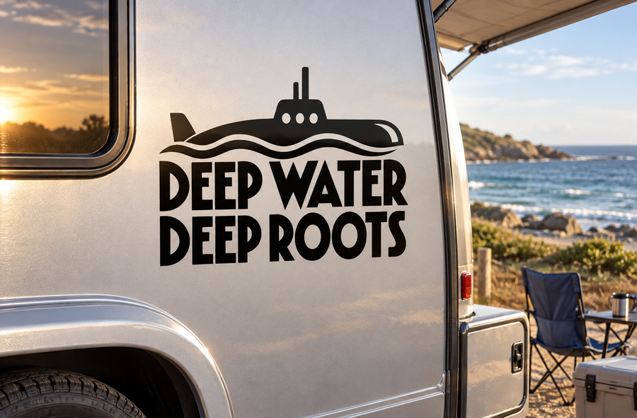 Black submarine and wave vinyl decal with DEEP WATER DEEP ROOTS lettering
